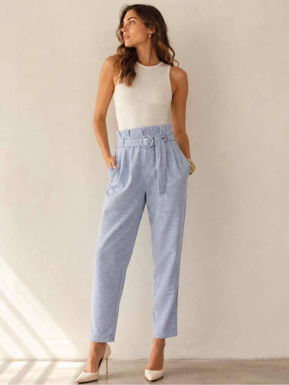 Express Stylist Blue Gray Belted High Rise Tapered Pants Size 10R NWT